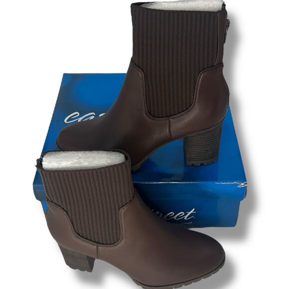 NEW Easy Street Brown Chunky Mid Calf Booties Size 9.5 Lug Ribbed Knit Heel Boot - Picture 6 of 9